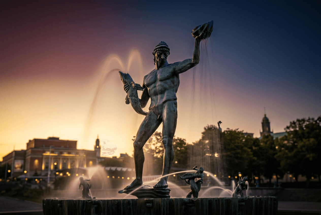 The Poseidon fountain statue at Götaplatsen in Gothenburg, lit by golden-hour light