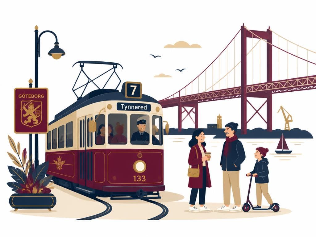 Illustration of a vintage Gothenburg tram on line 7 to Tynnered with the Älvsborgsbron bridge in the background and a family chatting at the stop